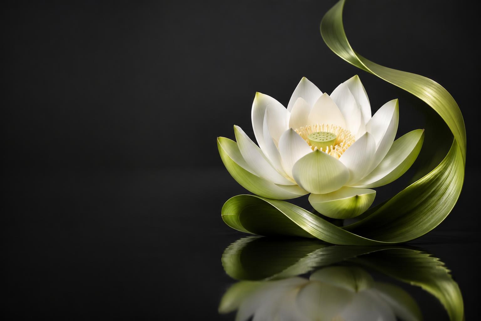 A white lotus in bloom surrounded by sculptural green leaves